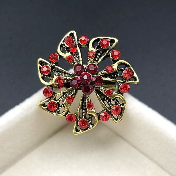 Yellow Gold with Ruby Red and Garnet Red Crystal Pinwheel Flower Pin Back Brooch - Picture 2 of 7